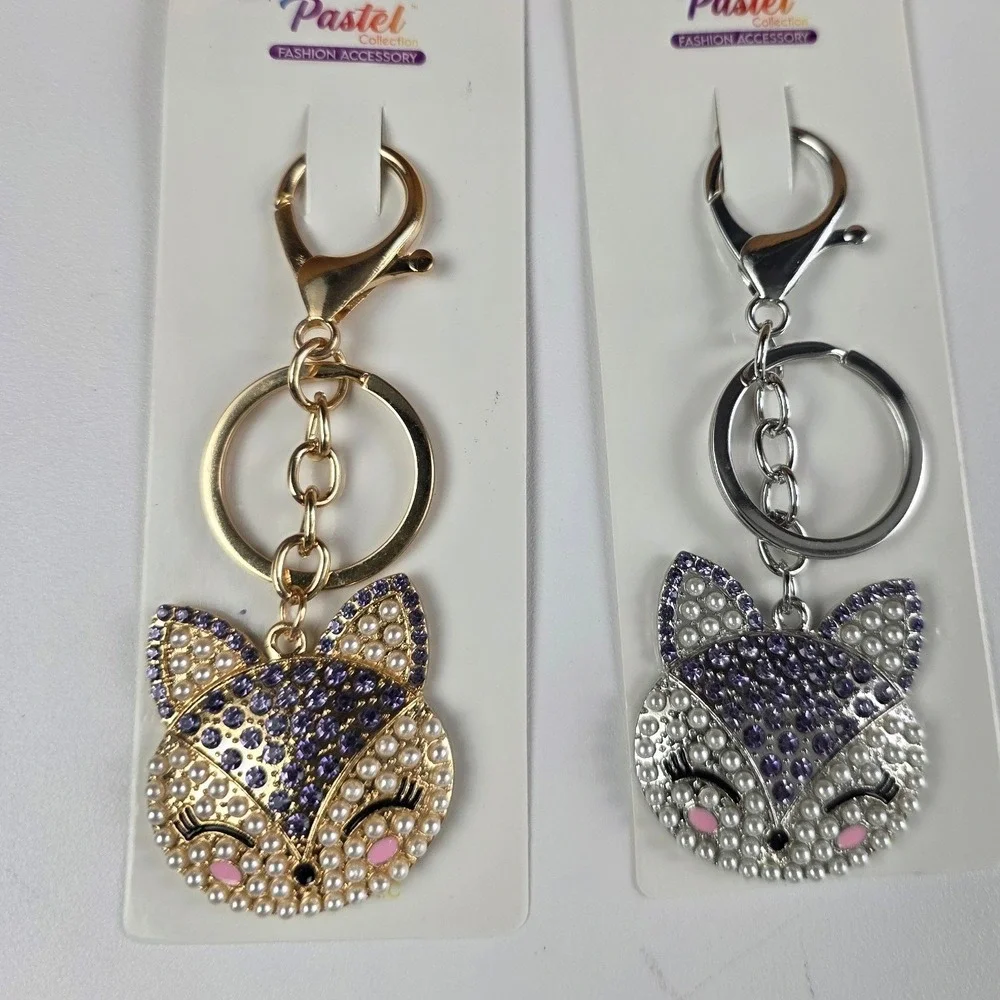 Pastel Collection Fox Bag Charm Key Chain OS Gold Silver NEW Pearl Rhinestone